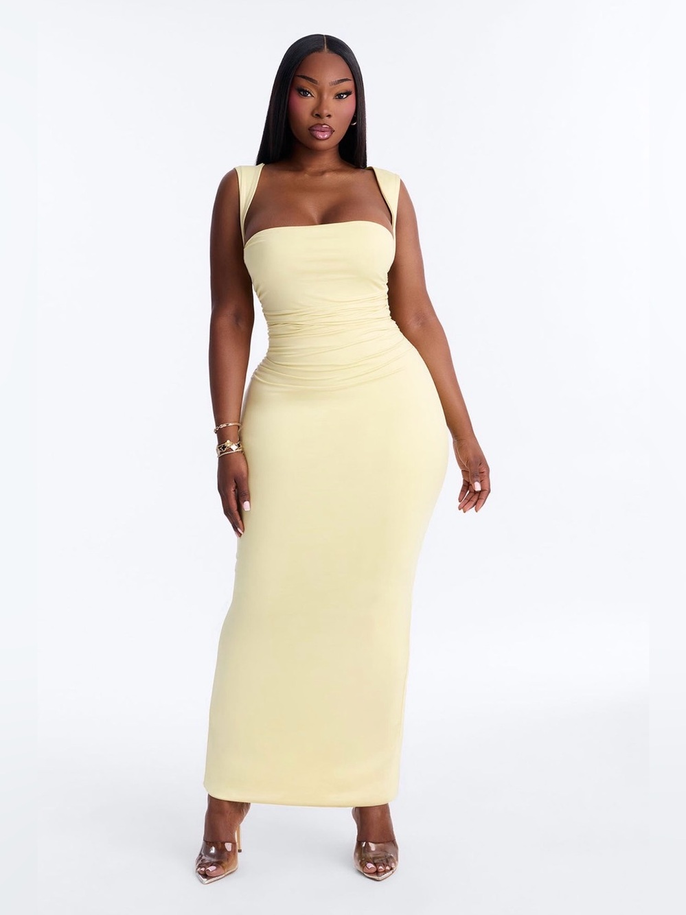 Fashion Nova Pale Yellow Square-Neck Ruched Maxi Dress